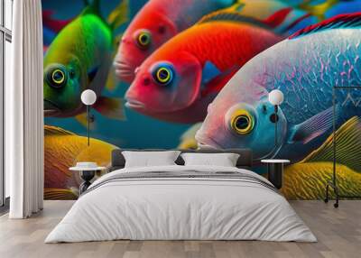 School of Colorful Fish, playful lively, colorful Wall mural