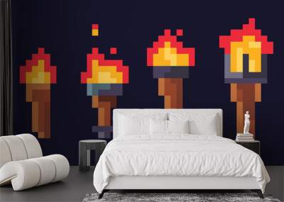 Wooden torches. Pixel art Wall mural