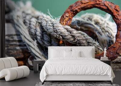 An abstract photo with selective focus of a rusted tiedown point and frayed rope on a Jetty in south australia Wall mural