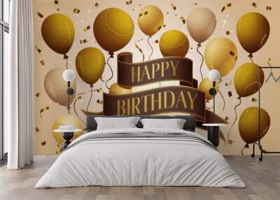 A festive happy birthday banner with golden balloons and confetti Wall mural