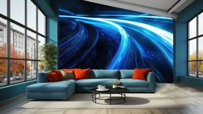 Abstract blue light trails on the dark background Wall mural