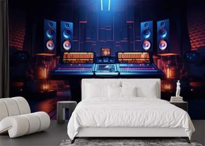 Advanced recording studio with screen, sound wave, and mixing console Wall mural