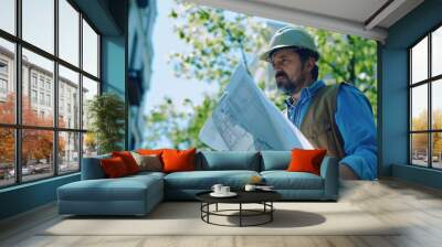 Architect looking at a blueprint outdoors at a construction site Wall mural