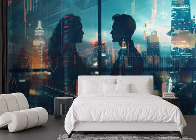 Businessman and businesswoman collaborate on forex trading in cityscape. Wall mural