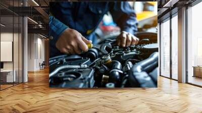 Car mechanic working on engine at garage workshop. Wall mural