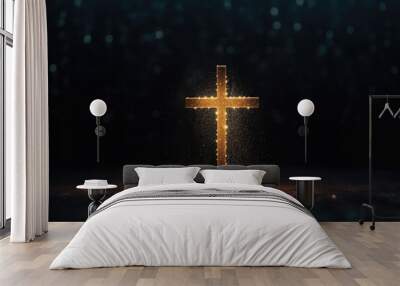 Christian cross symbol with lights on black background Wall mural