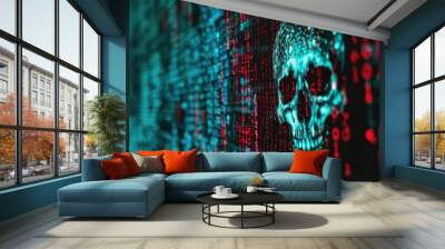 Computer code on a screen with a skull representing a computer virus   malware attack. Wall mural