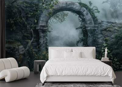 Enchanted fairy forest archway with misty dark background Wall mural