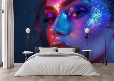 High fashion model with colorful neon makeup poses in studio Wall mural