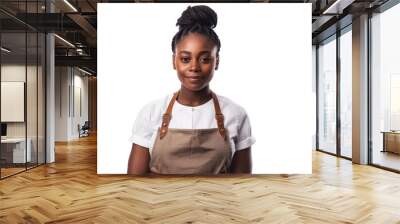 Isolated small business african american lady owner or barista with apron on white background. Wall mural