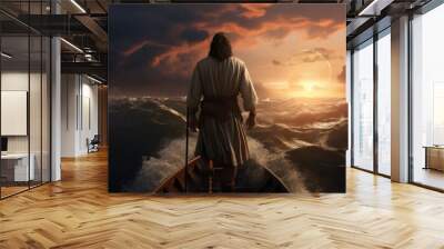 Jesus walks on water towards boat during storm. Wall mural