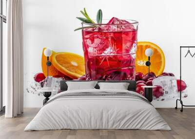 Refreshing cranberry orange cocktail with ice in glass on white. Wall mural