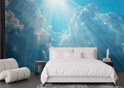 Religious background with blue sky and sun rays. Wall mural