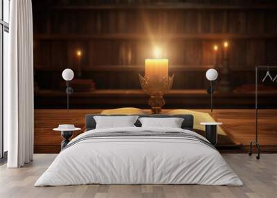 Religious Concept: Candle, Bible, and Golden Background Wall mural