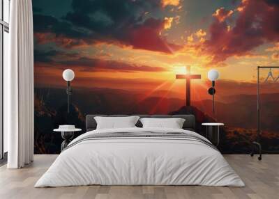 Silhouette cross on Calvary mountain at sunset. Easter concept. Wall mural