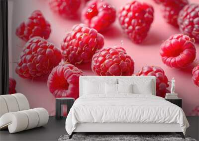 Various falling fresh ripe raspberries on light pink background  horizontal composition Wall mural