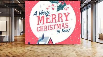 christmas greeting card with red cabin. mid century style. vector illustration. Wall mural