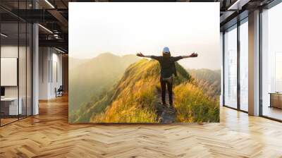 Happy woman traveler raised arms on top of mountain, feel freedom and enjoy nature. Wall mural