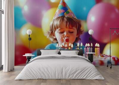 A child wearing a colorful party hat, blowing out candles on a birthday cake, surrounded by balloons and decorations Wall mural