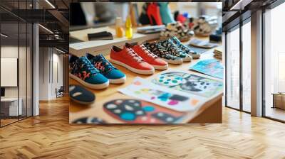 A designer's desk with a variety of youth shoe designs featuring playful patterns Wall mural