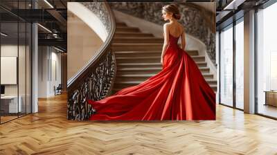 A model wearing a bold evening gown while posing on a staircase Wall mural