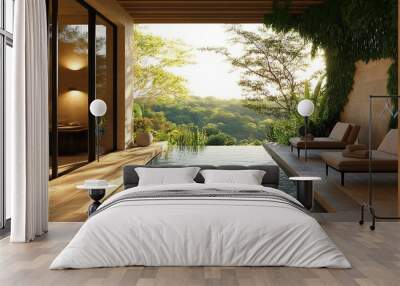 A relaxing spa retreat with an infinity pool overlooking a stunning natural landscape and a peaceful ambiance Wall mural