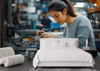 A woman assembling electronics at a factory workstation, with parts and tools organized on the table Wall mural