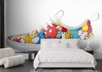 A youth shoe with a fun, colorful cartoon character pattern displayed against a neutral background Wall mural