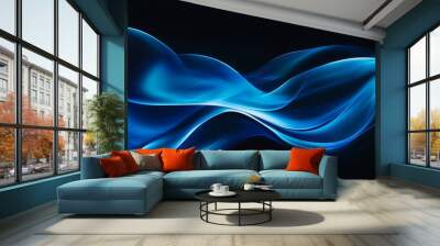 Abstract image with soft, glowing blue waves gracefully overlapping on a sleek black background, emphasizing a modern and fluid aesthetic Wall mural