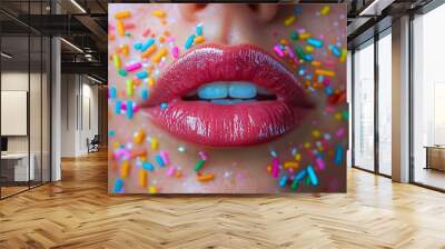 Artistic shot of lips surrounded by colorful sprinkles, adding a fun, playful element Wall mural