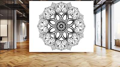 Black line art mandala featuring delicate and symmetrical designs on a white background Wall mural