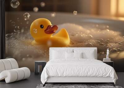 Close-up of a rubber duck floating in a bathtub filled with bubbles, lit by warm natural light Wall mural