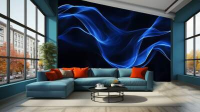 Elegant, minimalistic dark abstract image with fluid, glowing blue wave-like lines on a black backdrop, creating depth and motion Wall mural