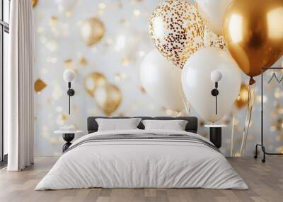 Elegant golden and white balloons floating against a bokeh-lit white background with golden confetti adding a festive touch Wall mural