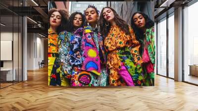 Group of five women in psychedelic Y2K fashion, vibrant prints and patterns, confident stance Wall mural