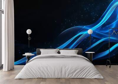 Smooth wave-like lines with glowing blue edges, flowing across a black background in a modern, futuristic design Wall mural