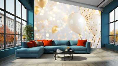 White background decorated with golden and white helium balloons, golden ribbons, and a bokeh effect, creating an elegant and celebratory atmosphere Wall mural