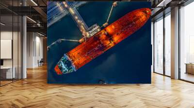 Aerial top view industrial crude oil fuel tanker ship at terminal industrial port,  Tanker ship unloading crude oil, Industry refinery fuel chemical import export business logistic and transportation. Wall mural