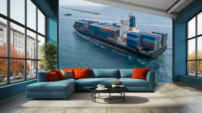 Aerial view container cargo ship, Global business import export logistic and transportation freight shipping of international by container cargo ship in the open sea, Container cargo vessel freight. Wall mural