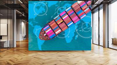 Aerial view Container ship, Container cargo ship maritime freight shipping by container cargo ship, Global business import export commercial trade logistic container cargo ship freight shipping. Wall mural