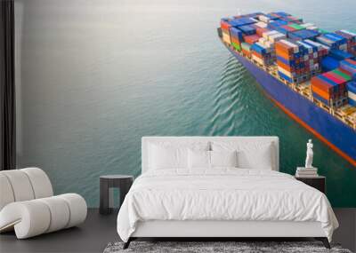 Aerial view container ship, Global business import export logistic transportation of international by container cargo ship in the open sea, Marine cargo vessel company freight shipping. Wall mural