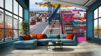 Aerial view container ship at terminal commercial seaport freight shipping maritime vessel, Global business supply chain import export logistic transportation oversea worldwide by container cargo ship Wall mural