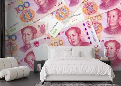 Top view flat lay 100 Chinese Yuan on white background, 100 yuan banknote, Chinese yuan Currency. Wall mural