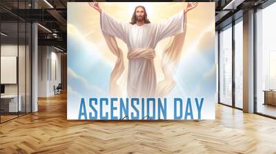 Happy Ascension Day Design with Jesus Christ in Heaven.  Illustration of resurrection Jesus Christ. Sacrifice of Messiah for humanity redemption. Poster Design Wall mural