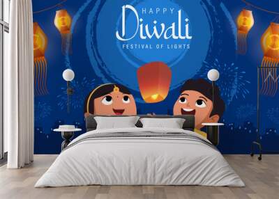 Happy Diwali Poster with Indian Kids Flying Lanterns Vector Illustration. Indian festival of lights Design. Suitable for Greeting Card, Banner, Flyer, Template. Wall mural