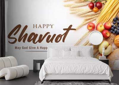 Happy Shavuot Template Banner.  Jewish Holiday Shavuot Concept with Fruits, Wheat and Milk Bottle. Greeting Card Template Background Wall mural