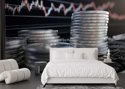 A collection of silver coins is arranged in stacks, positioned near a stock market graph that displays fluctuating trends, representing investment movements Wall mural