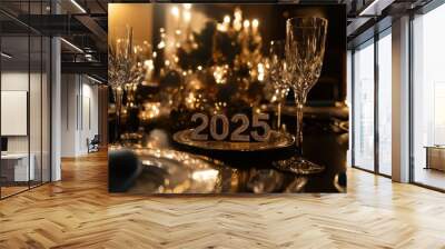 A festive table is prepared for New Year’s Eve celebration, adorned with sparkling decorations and a centerpiece for welcoming 2025, happy new year 2025 and merry christmas theme Wall mural