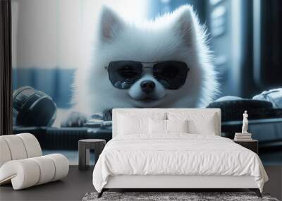 A fluffy white Pomeranian wearing sunglasses and a sleek spy outfit is surrounded by various gadgets. The dog looks focused, ready for an adventure in a contemporary office Wall mural