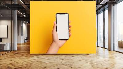 a hand holding a smartphone with blank screen on a yellow background, flat lay, mockup Wall mural